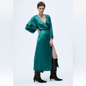 ZARA Satin Effect Midi Dress Duck Green XL